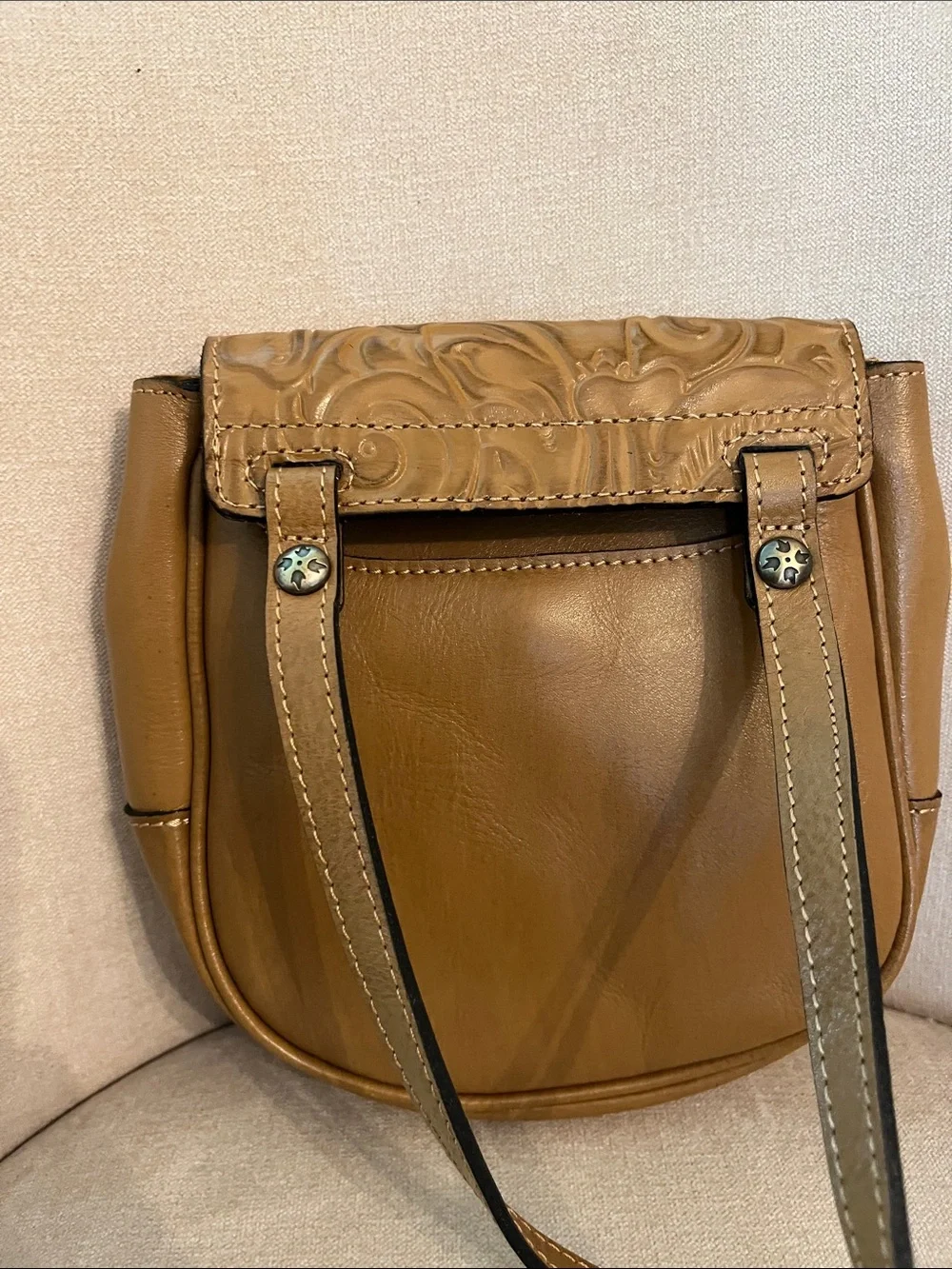 Patricia Nash Tan Floral Tooled Leather Crossbody Bag